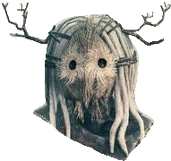 a statue of an owl with dreadlocks and antlers on a white background .