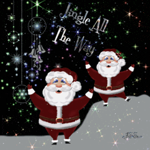 two santa clauses are dancing in front of a black background with the words jingle all the way