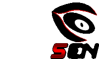 a black and red logo for sen with an eye on top