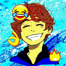 a pixelated drawing of a boy with a laughing emoji on his head