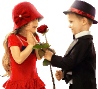 a boy in a top hat is giving a red rose to a girl in a red dress