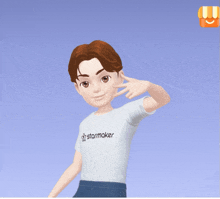 a cartoon boy wearing a white shirt that says starmaker on it