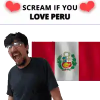 a man with glasses is screaming in front of a peru flag