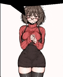 a girl wearing glasses and a red sweater is standing in a black dress .