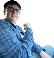 a young man wearing glasses and a blue plaid shirt