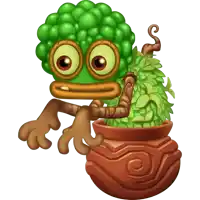 a cartoon character with a green head and brown arms is sitting on a potted plant