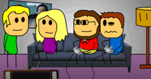 a group of stick figures are sitting on a couch playing a video game