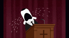 a cartoon of a man crying at a podium with a cross