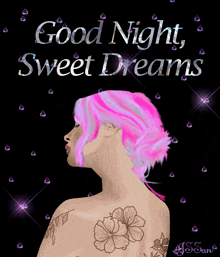 a woman with pink hair has a tattoo on her back and the words good night sweet dreams