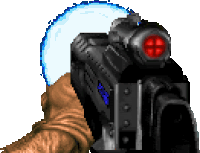 a pixel art of a gun with a red cross on the lens