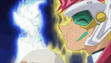 a cartoon character with a helmet on looks at another character