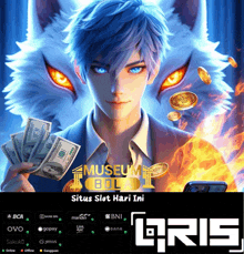 a poster for situs slot hari ini shows a man holding a bunch of money