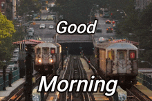 a picture of a train with the words " good morning " written on it