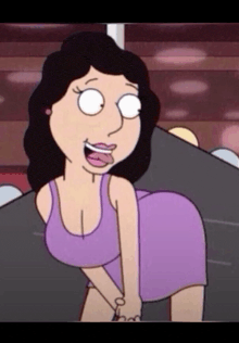 a cartoon woman in a purple dress is smiling