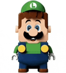 a lego mario character with a green hat and overalls .