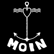 a white anchor with a heart and the word moin written below it on a black background .