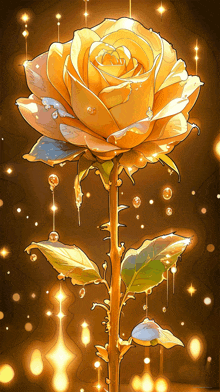 a drawing of a yellow rose with leaves and thorns