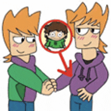 a cartoon of two boys shaking hands with a red arrow pointing to a child .