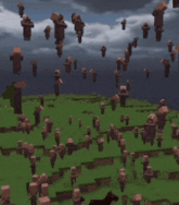 a bunch of blocks are floating in the air over a field