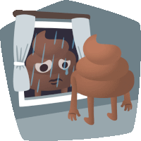 a cartoon of a poop looking out a window