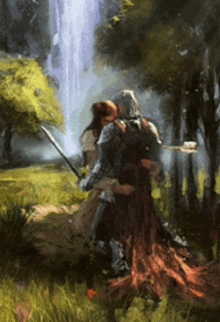 a painting of a knight holding a woman in a field