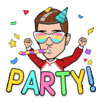 a cartoon man wearing sunglasses and a party hat blowing a party horn