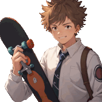 a boy in a white shirt and tie holds a skateboard in his hand