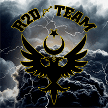 a black and yellow logo for r2d team with a stormy background