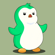 a green and white penguin with a red beak and orange feet