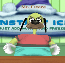 a cartoon character named mr. freeze stands in front of a sign that says instant ice