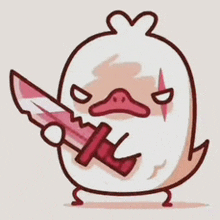 a cartoon of a duck holding a bloody knife .