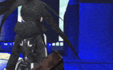 a video game character is holding a red sword in front of a blue curtain