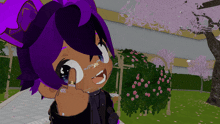 a cartoon character with purple hair is making a middle finger gesture