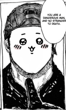 a black and white drawing of a man with a helmet on his head and a skull on his face .