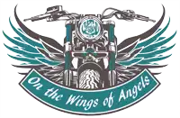 a logo for on the wings of angels features a motorcycle with wings