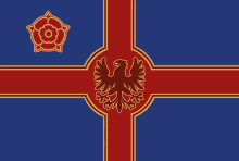 a blue and red flag with a cross and an eagle on it