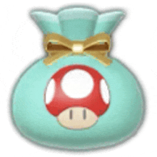 a blue bag with a red mushroom and a gold bow on it .