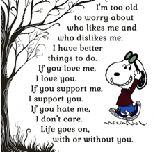 a picture of snoopy with a quote that says " i 'm too old to worry about who likes me "