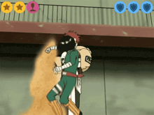 a cartoon of a man in a green outfit holding another man