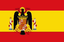 a red and yellow flag with a black eagle and a coat of arms