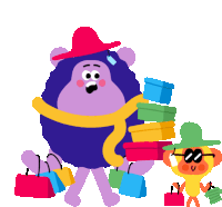 a cartoon illustration of a purple monster and a yellow monkey carrying shopping bags