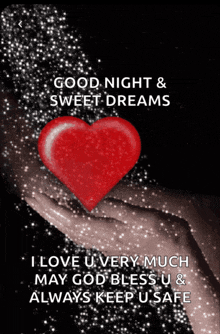 a good night and sweet dreams message with a red heart in the background