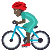 a person wearing a red helmet is riding a blue bike