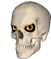 a cartoon skull with orange eyes and a missing teeth