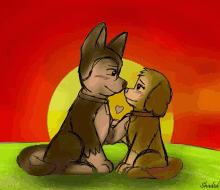 a drawing of two dogs looking at each other with the words shaded below them