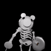 a skeleton holding a sword and shield in a black background