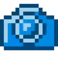 a pixel art drawing of a blue camera with a heart in the middle .