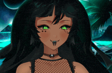 a black haired anime girl with green eyes and a choker