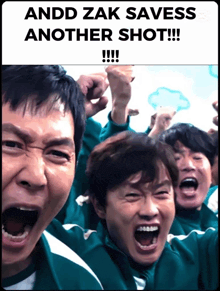 a group of men are screaming with the caption andd zak savess another shot !!!