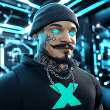 a man with a tattoo on his face wears a black shirt with an x on it